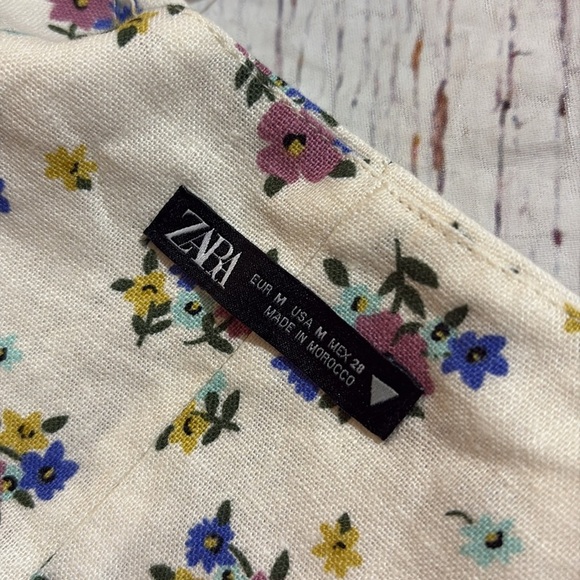 Zara Linen Blend Floral Crop Button Square Neck Top - Picture 3 of 7